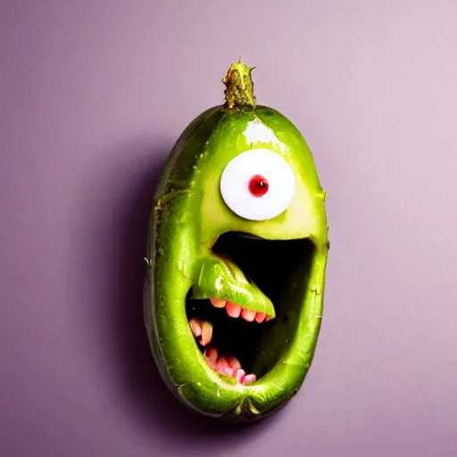 Prompt: portrait photograph of a pickle with a screaming face