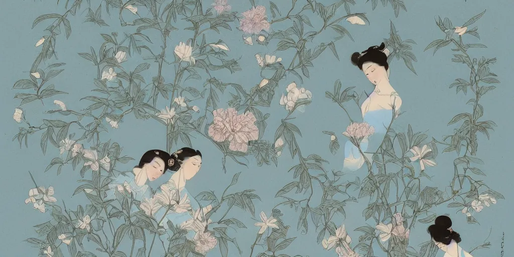 Prompt: vintage illustration pattern of two goddess of light blue flowers by hsiao - ron cheng with anxious piercing eyes with bizarre compositions blend of flowers and fruits and birds by beto val and john james audubon, exquisite detail, extremely moody lighting, 8 k