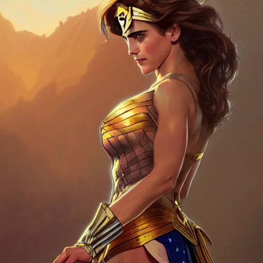 Image similar to Blonde Emma Watson as Wonder Woman, western, D&D, fantasy, intricate, elegant, highly detailed, digital painting, artstation, concept art, matte, sharp focus, illustration, art by Artgerm and Greg Rutkowski and Alphonse Mucha