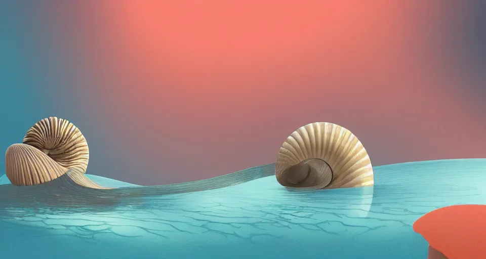 Prompt: minimalist digital painting of a tiny sacred spiral, procedural seashell house surrounded by dreamy coral, syd mead, tadao ando, cell shaded graphics, concept art, minimalist, golden ratio