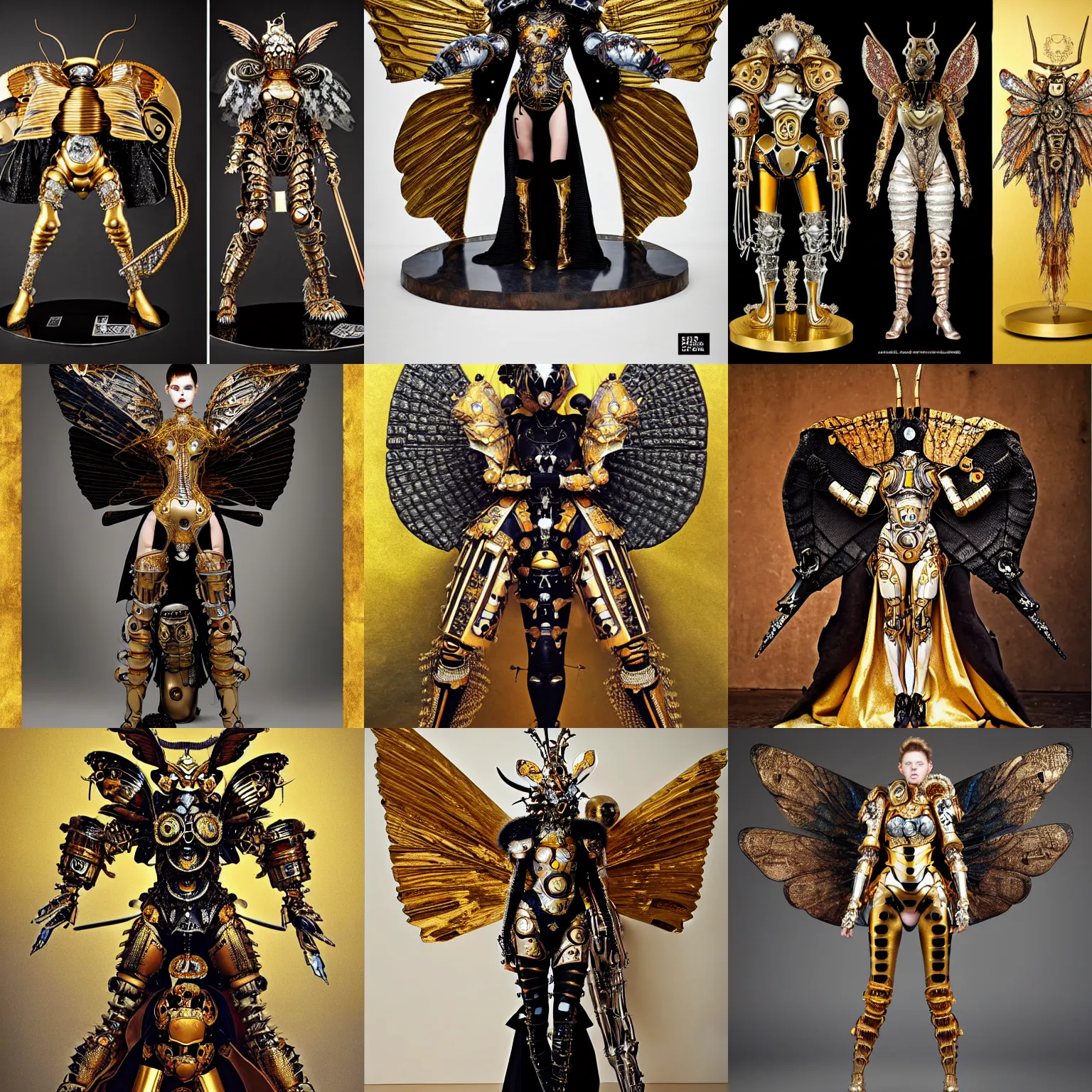 Prompt: haute couture scale armour sf paladin editorial by klimt, biomechanical hornet with metal couture wings by malczewski, ornate wh 4 0 k chaos lord in gold, bismuth and obsidian by giger