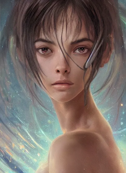 Image similar to a professional painting of a beautiful young female alien, clothed in ethereal armor, olive skin, long dark hair, beautiful bone structure, symmetrical facial features, intricate, elegant, digital painting, concept art, smooth, sharp focus, illustration, from Valerian and the City of a Thousand Planets, by Ruan Jia and Mandy Jurgens and Artgerm and William-Adolphe Bouguerea