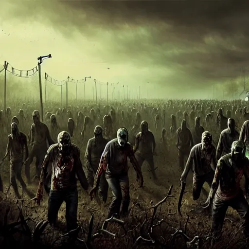 Image similar to a highly detailed scene of a zombie army, like walking dead, like night of the living dead, in the style of greg rutkowski, digital photography, photorealistic, realistic, extreme detail