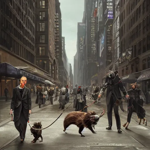 Prompt: Stunning Hyperealistic portrait of Giant Dishonored enormous furry rats walking humans on a leash in the city of New York.