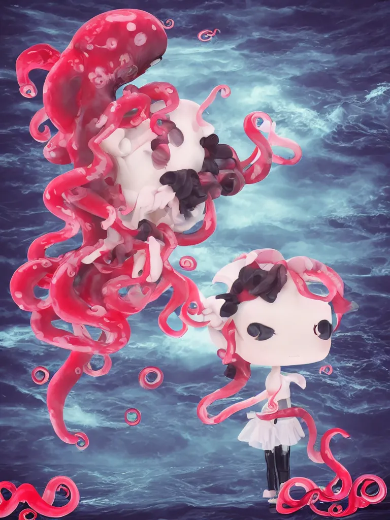 Prompt: cute fumo plush chibi gothic translucent octopus maiden alien girl combing her hair in the waves of the wavering dark galactic abyss, black and red dress with ribbons, ocean wave thunderstorm and reflective splashing water, black and white, ocean simulation, vignette, vray