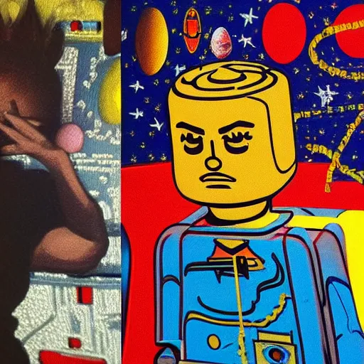 Image similar to detailed oil painting of a lego man in detail in space by james jean, by andy warhol, by frida kahlo