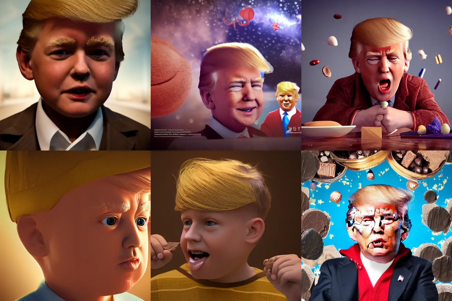 Prompt: Donald Trump as a kid covered in chocolate, octane render, Dr Zeus , A harmonious integration, 8k , happy , concept art , Akitipe studios , volumetric lighting , cinematic , ethereal , divine details, intricate African jewellery , fairycore, fantasy, Leonardo DaVinci detail