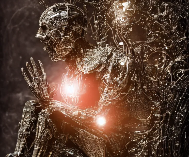 Prompt: semi - transparent glowing cyborg sitting on an intricate metal throne, fantasy sci - fi, majestic lighting, metallic, 2 0 0 mm focus, bokeh