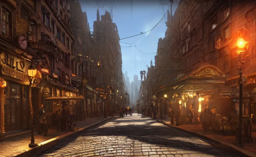 Image similar to photorealistic steampunk city streets. daylight. sunlight. lens flare. light fixtures. 8K. detailed. photorealism. artstation. 25mm f/1.7 ASPH Lens. ultra realistic