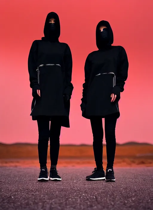 Prompt: cinestill 5 0 d photograph of 2 women wearing black techwear in front of a brutalist sharp - edged metal building, on a desolate plain, red eerie sky, sigma 8 5 mm f / 1. 4, 4 k, depth of field, high resolution, highly detailed, 4 k, 8 k, hd, full color, raw, unedited