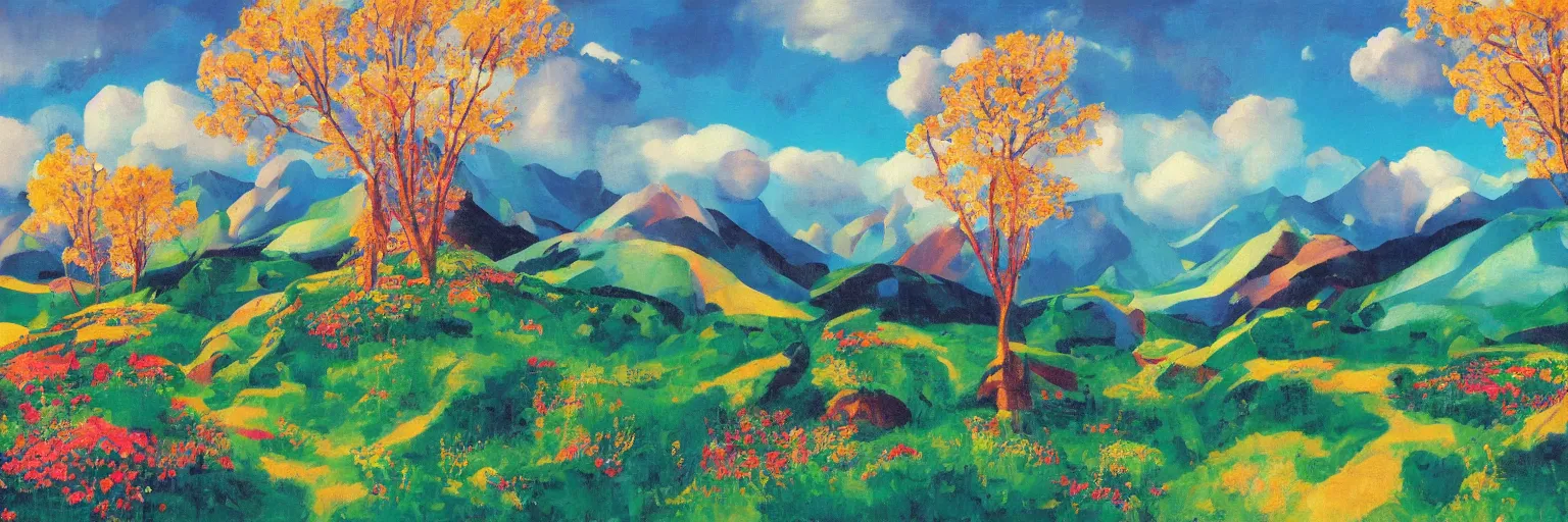 Image similar to mountain landscape in spring!!, flowers, teal landscape, dreamy light, sunny complementary palette, by and jacek yerga and tamara de lempicka and jesse king, pop surrealist, wiccan