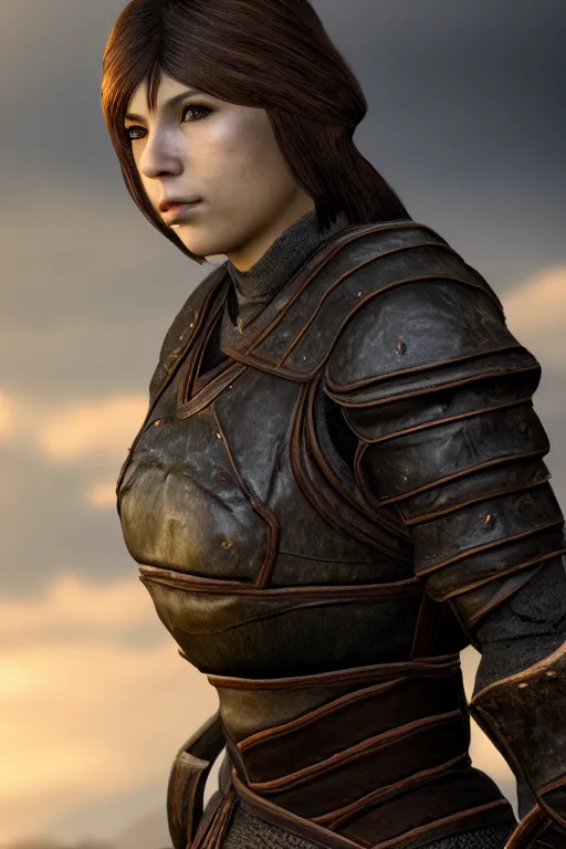 Image similar to a beautiful female guard from skyrim shyly posing on camera, symmetrical, cinematic, elegant, dawn light, real dlsr photography, sharp focus, 4 k, ultra hd, sense of awe