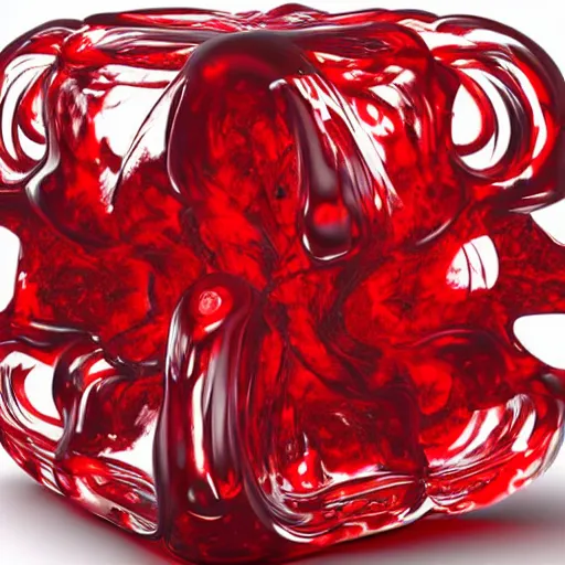 Prompt: twisted scene of a twisted transparent cube half filled with turbulent red liquid inside in a transparent skull