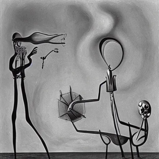 Image similar to Two extremely tall mechanical beings in a deep conversation. Dali. Yves Tanguy.