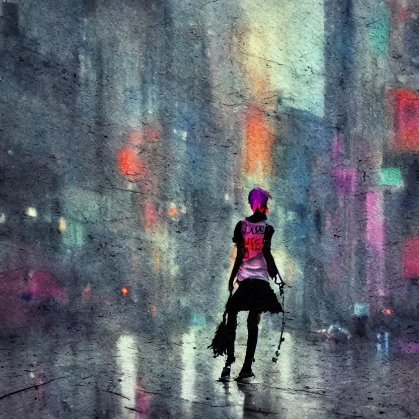 Image similar to punk girl skateboarding in the city, simple watercolor, rough paper texture, backlit cyberpunk buildings, wet roads at night reflecting the lights from buildings, dust, fog, cloudy night sky, dslr, 4 k, fisheye