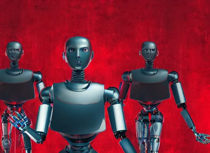 Image similar to dystopian art, humanoid robot dictator giving a propaganda speech to human like robots surround by two large red flags with robot heads on them