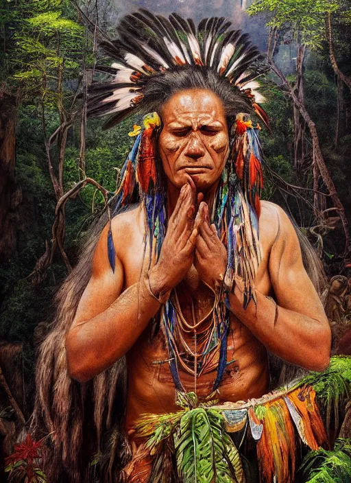 Image similar to a beautiful painted portrait of an indigenous shaman chanting in the jungle, matte painting, fantasy art, ayahuasca