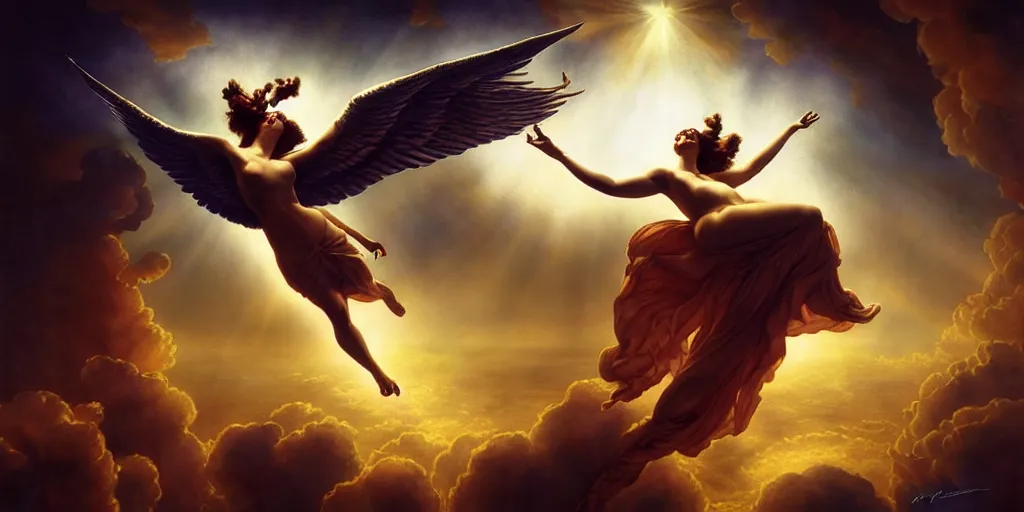 Image similar to Icarus flying too close to the sun, by Rolf Armstrong and Evelyn De Morgan and Bastien Lecouffe-Deharme, dramatic lighting, high contrast colors, baroque, empyrean, panoramic view, as trending on Artstation, highly detailed, doom engine,