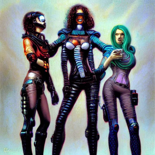 Prompt: portrait of three cyberpunk female outlaws, by gerald brom