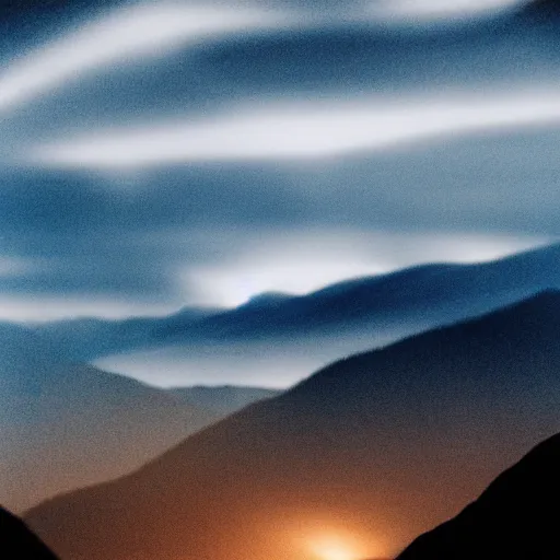Image similar to silhouette of mountains made of light!!! bright cloudy sky, overexposed retro photography