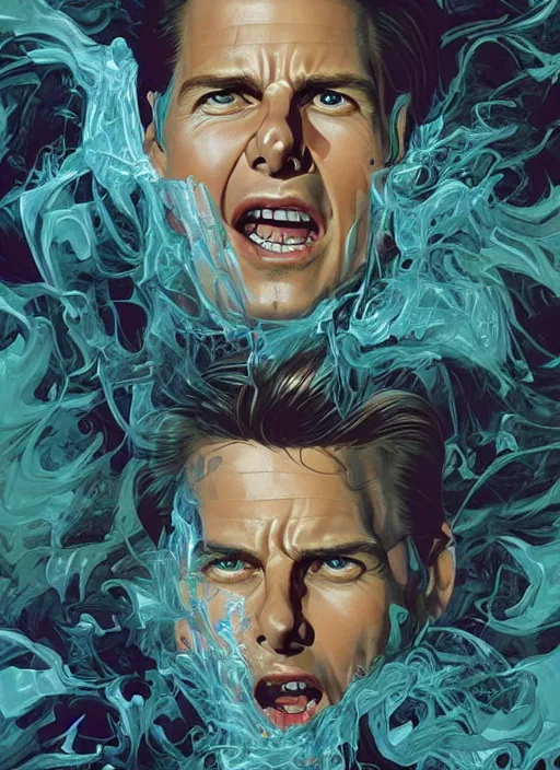 Image similar to poster artwork by Michael Whelan and Tomer Hanuka, Karol Bak of Tom Cruise going crazy, from scene from Twin Peaks, clean