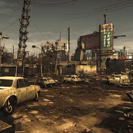 Image similar to Tokyo in ruins post-nuclear war in Fallout 4, in game screenshot