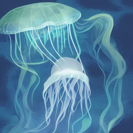 Image similar to illustrious atmospheric illustration of a jellyfish floating underwater by xi zhang, bob ringwood, camille - pierre pambu bodo, 2 d art, concept art, blue pigment, waves, mist