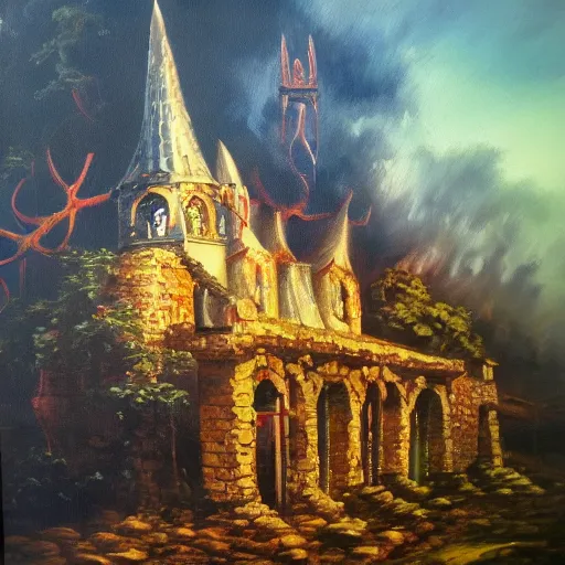 Image similar to Firelink Shrine, oil on canvas, extremely detailed,