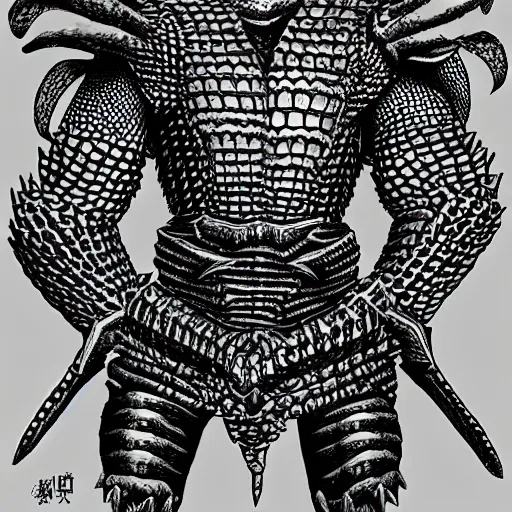 Image similar to anthro crocodile crocman wearing tribal armor, artwork by kentaro miura, crocodile man, kentaro miura art