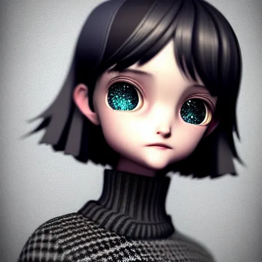 Prompt: beautifully pretty stoner girl, black sweater, grey checkered skirt, very cute features, glittery short black hair, blue eyes, universal volumetric lighting, soft glow, by range murata, norman rockwell, highly detailed intricately sharp focus, trending on pinterest, unreal engine 5 4 k uhd image