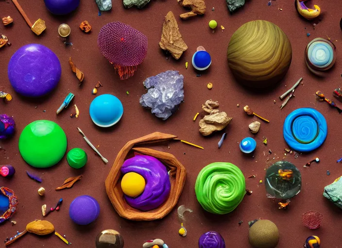 Prompt: product - view of diorama of the shape of the universe, occult cosmology, occult abiogenesis, hyper - detailed, crystals, plastic, rubber, wood, glass, play - doh, realistic materials, 4 k, octane render, daylight, fujifilm velvia 5 0, color photography, sigma 2 8 mm, the intoxicating pleasure of conspiratorial thinking