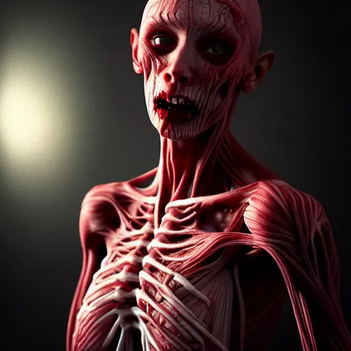 Image similar to female vampire monster with translucent skin, visible muscles and veins and arteries and bones and spine and nerves, beautiful detailed intricate insanely detailed octane render, 8K artistic photography, photorealistic, chiaroscuro, by David Cronenberg, Raphael, Caravaggio