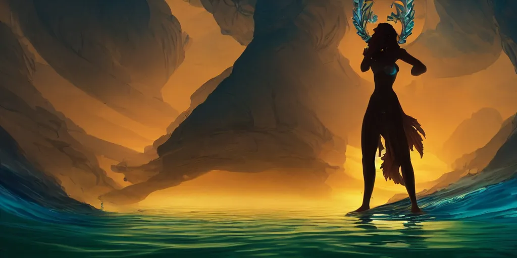 Prompt: A digital intricate illustration concept art of a silhouette of a Roman Goddess in a color lit ocean at night, stunning massive ornately inspired art by Renato muccillo and Andreas Rocha and Johanna Rupprecht + dofus colors, wakfu colors + symmetry, symmetrical body + natural volumetric lighting, realistic 4k octane beautifully detailed render, 4k post-processing, intricate complexity, epic composition, magical atmosphere, highly detailed, cinematic lighting + masterpiece, trending on artstation