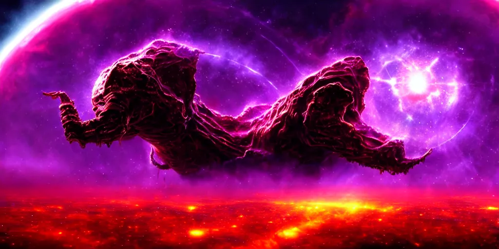 Image similar to Horrific cosmic beast consumes distant future city, emerging from timespace tear, cinematic lighting, PBR, hyperrealistic, oil painting, purple crimson color scheme, dirtyfuturepunk