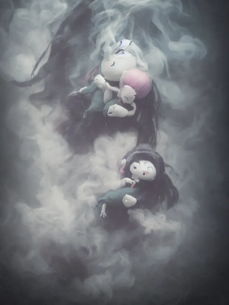 Prompt: cute fumo plush of a cursed frail witch girl held tight in the arms of a ghost, hugging, melting volumetric smoke and fog, environment map pbr reflective stormy water, goth, vignette, vray