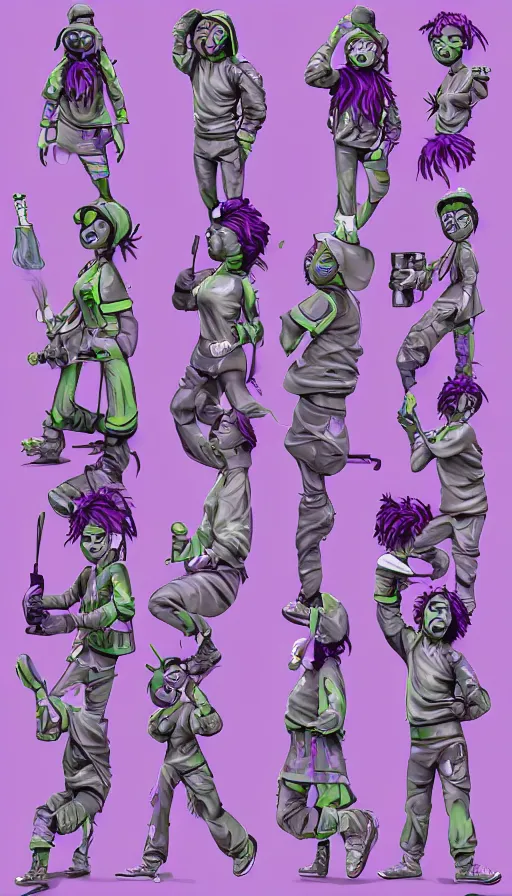 Prompt: a sprite sheet of a graffiti wirter holding a spray can and purple hair, 3D character, sweat drops, insane, intricate, highly detailed, oil painting, smooth, sharp focus, Unreal Engine 5, 8K