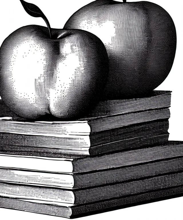 Image similar to an apple on top of a stack of books on a white background, art by piranesi, black ink, black and white, vector, vector art