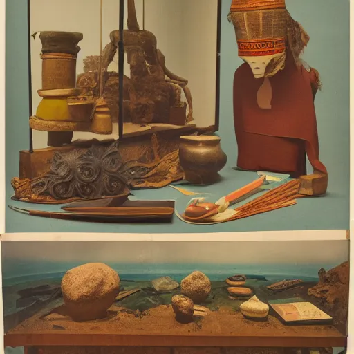 Image similar to A three color offset photography of objects on display, anthropology of wonder, exotic artifacts, colonial expedition, catalog exhibition, 60s style