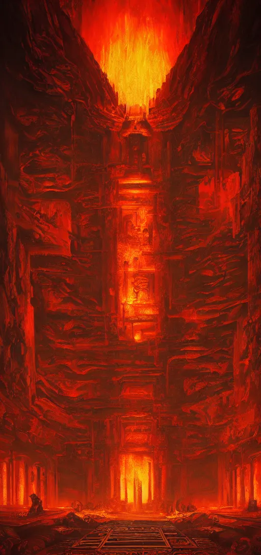 Prompt: Interior of the fire god temple, aztec gothic design, doom, fire, flaming shrine, painting by noah bradley in the graphic style of and Patrick Gleason, low key lighting, detailed art, trending on Artstation, sharp focus, comic art