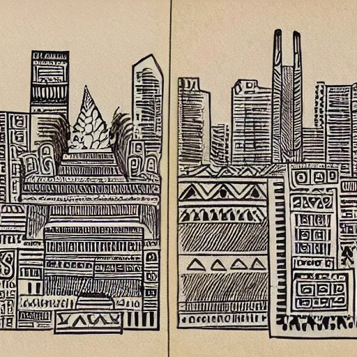 Prompt: aztec drawings of new york's skyline, mexico, 5 0 0 ad