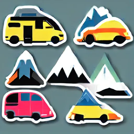 Image similar to vector art of a white and black cute thor chateau! motorhome camper!!, highway, mountains and colorful sunset!!, very very happy, warm, minimal vector art sticker!! by tom whalen, sanja stikovic