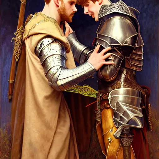 Image similar to attractive arthur pendragon and his favourite attractive male knight, they are in love, camelot, natural lighting, path traced, highly detailed, high quality, digital painting, by gaston bussiere and ross tran and j. c. leyendecker and alphonse mucha