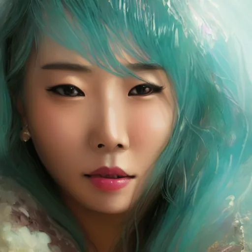 Image similar to A beautiful Asian actress with Turquoise hair smiling and taking a selfie inside the mouth of 'Jaws', diffuse lighting, fantasy, intricate, elegant, highly detailed, lifelike, photorealistic, digital painting, artstation, illustration, concept art, smooth, sharp focus, art by John Collier and Albert Aublet and Krenz Cushart and Artem Demura and Alphonse Mucha”