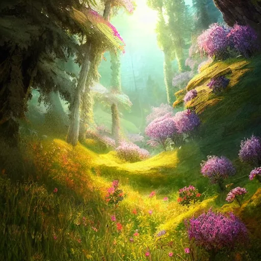 Image similar to a flowering meadow a forest behind it, epic fantasy, detailed, intricate, digital painting, concept art, realistic, smooth, focus, rim light