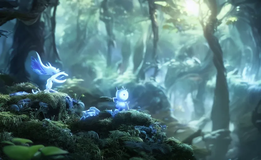 Image similar to ori and the will of the wisps, close up bokeh hiperrealistic, high detailled, darkness dramatic, sharp focus, octane render, imax