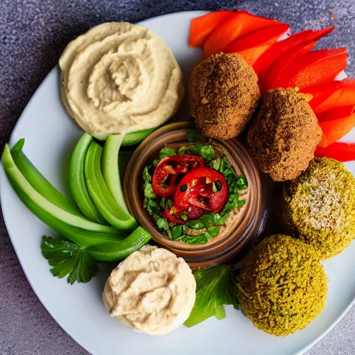 Prompt: a hummus plate with falafel, food photography