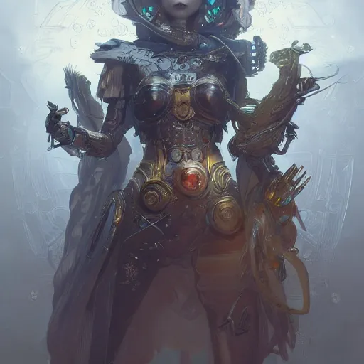 Prompt: AI Robot, D&D, fantasy, intricate, elegant, highly detailed, digital painting, artstation, concept art, smooth, sharp focus, illustration, art by artgerm and greg rutkowski and alphonse mucha