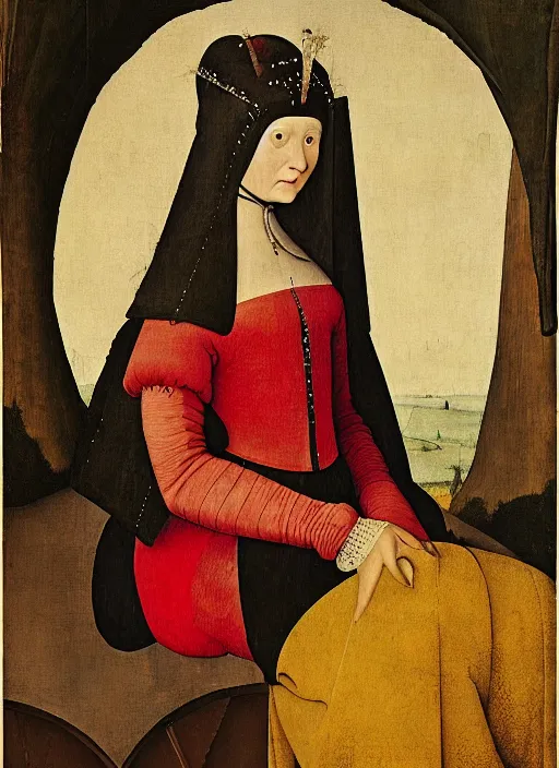 Image similar to portrait of young woman in renaissance dress and renaissance headdress, art by pieter bruegel the elder