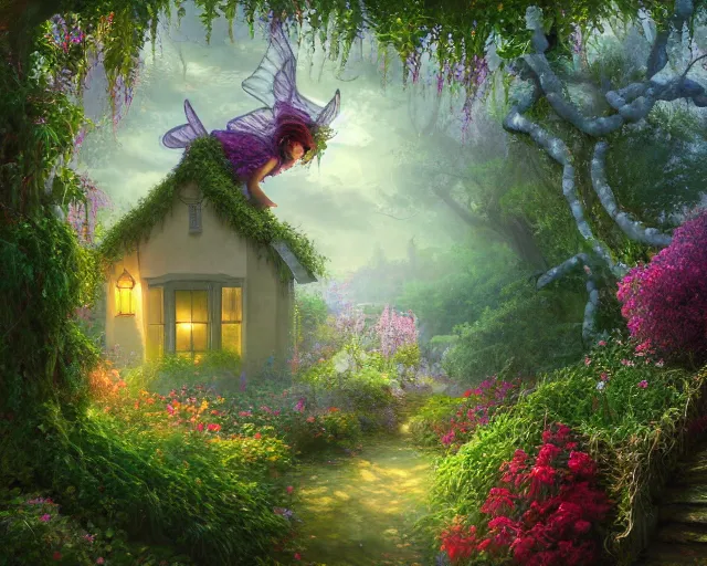 Prompt: a small beautiful cottage in a magical garden, a male!!! winged angel made of vines and flowers and moss stands in front, a digital painting by thomas canty and thomas kincade and ross tran, art nouveau, atmospheric lighting, trending on artstation