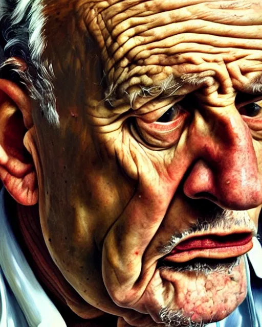 Image similar to an extreme close up portrait a very ordinary old man with an angry expression, side angle, by Lucian Freud and Jenny Saville, oil painting, anatomically correct, beautiful perfect face, visible brushstrokes, sharp focus, Highly Detailed, Cinematic Lighting, 8k, HD